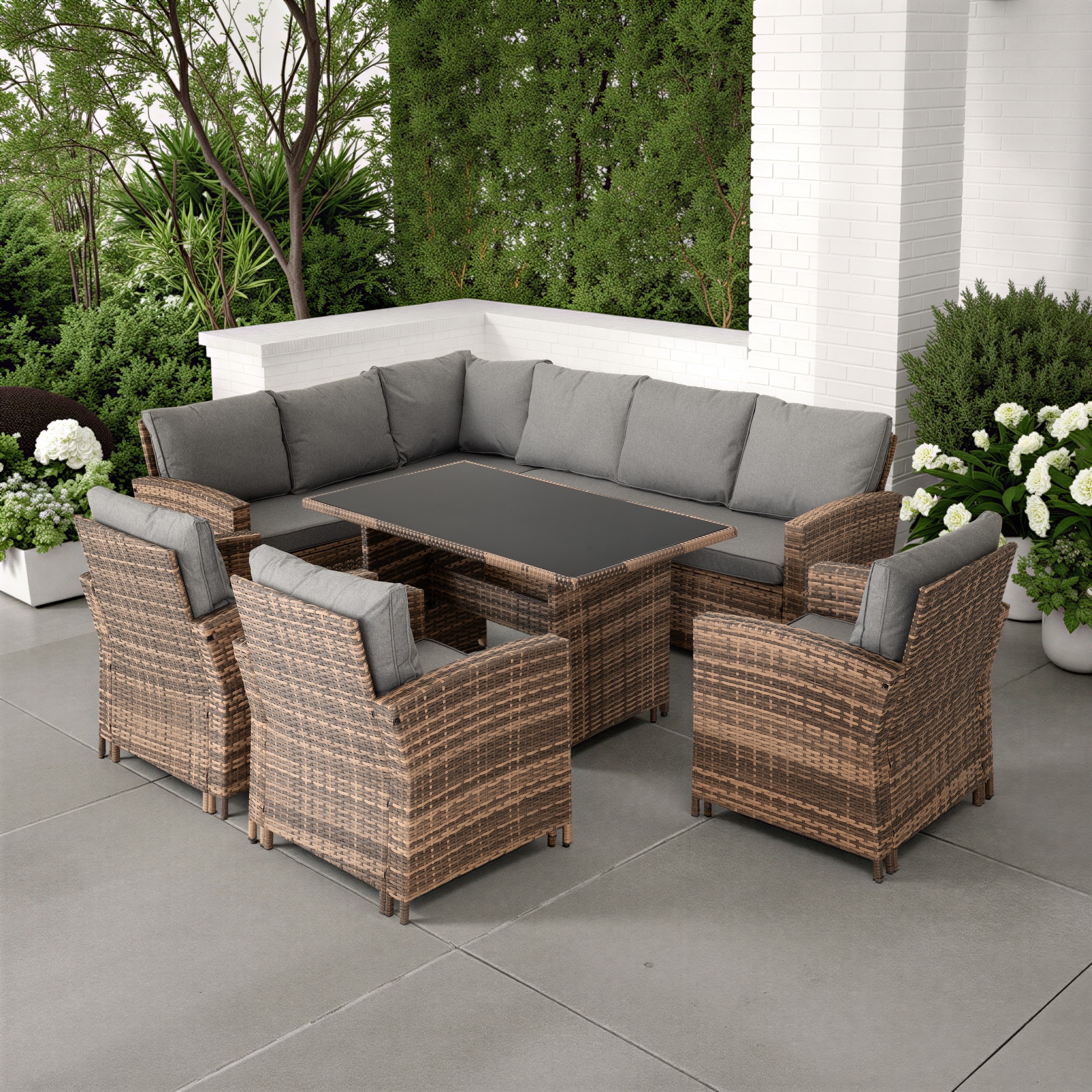 Aspen Corner Garden Furniture Set Brown Rattan / Grey Fabric