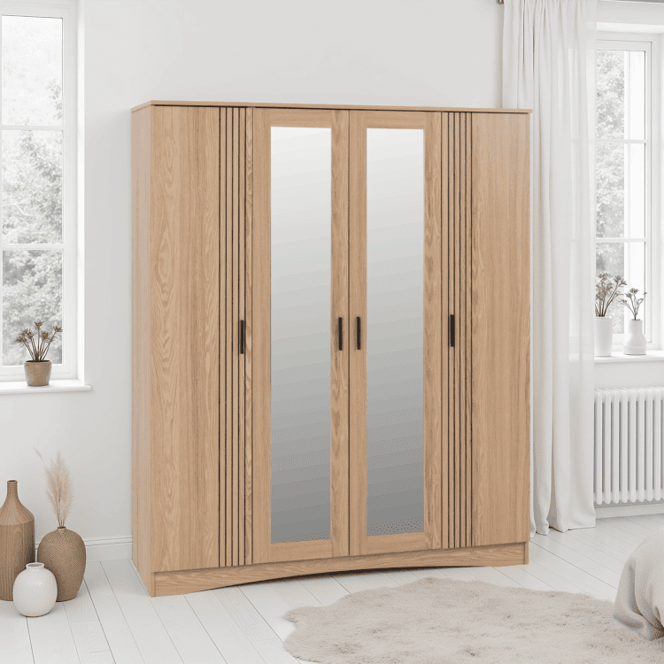 Tessa 4 Door Mirrored Wardrobe Natural Oak Effect