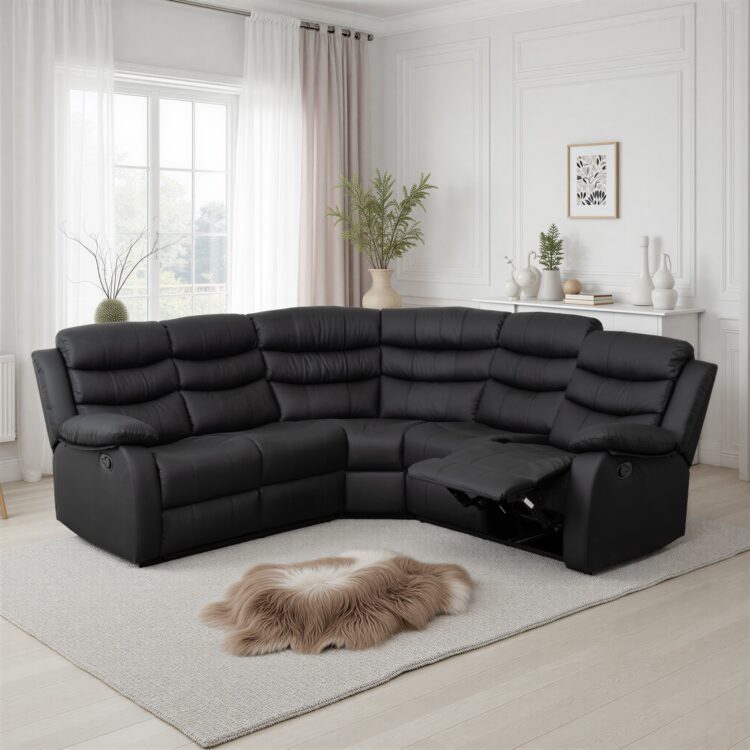 Roma Corner Recliner Sofa Black Faux Leather