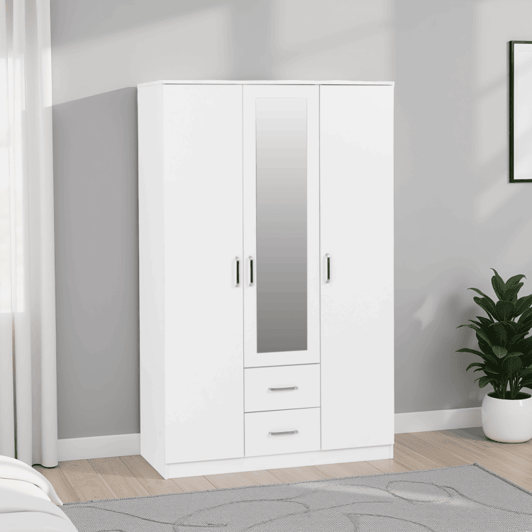 Dakota 3 Door 2 Drawer Mirrored Wardrobe White