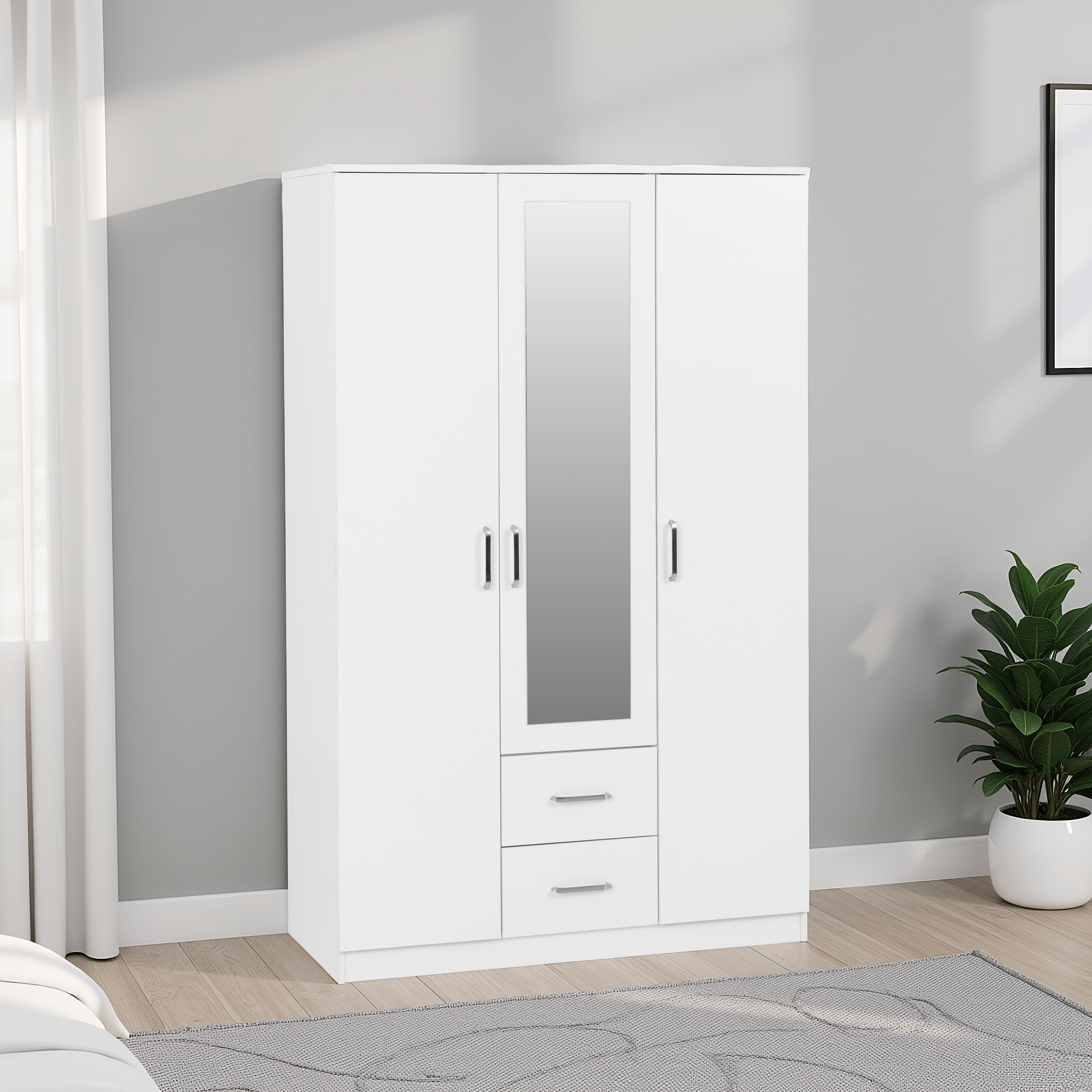 Dakota 3 Door 2 Drawer Mirrored Wardrobe White