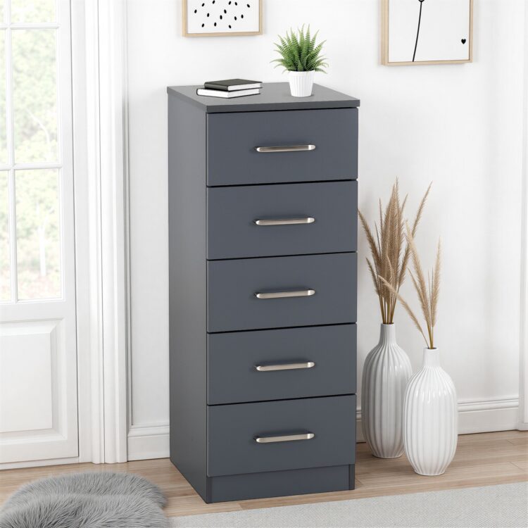 Dakota 5 Drawer Narrow Chest Dark Grey