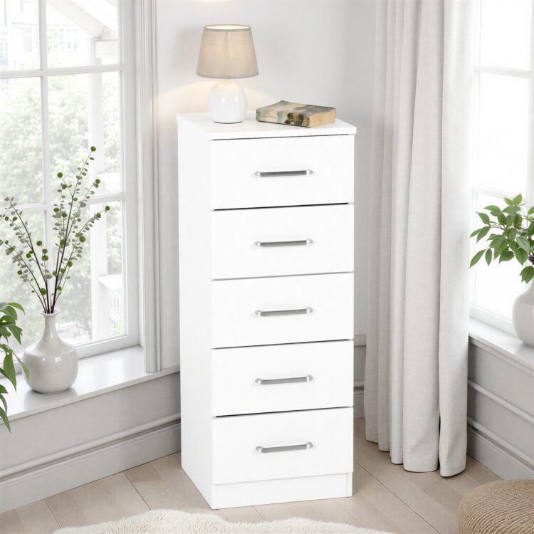 Dakota 5 Drawer Narrow Chest White