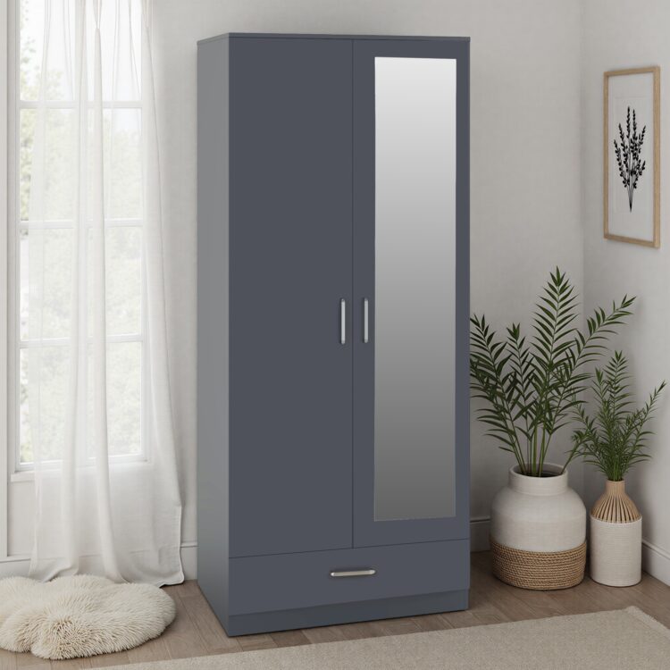 Dakota 2 Door 1 Drawer Mirrored Wardrobe - Dark Grey
