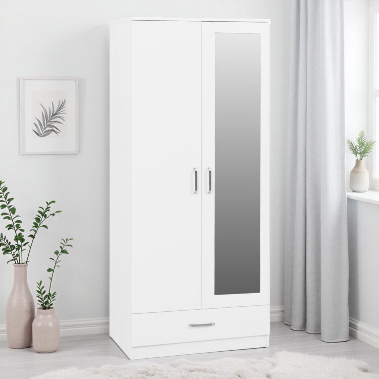 Dakota 2 Door 1 Drawer Mirrored Wardrobe White
