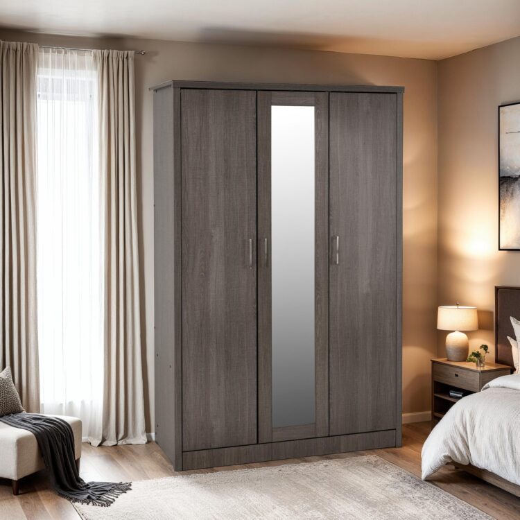 Lisbon Black Wood Grain Effect 3 Door 1 Mirror Triple Wardrobe
