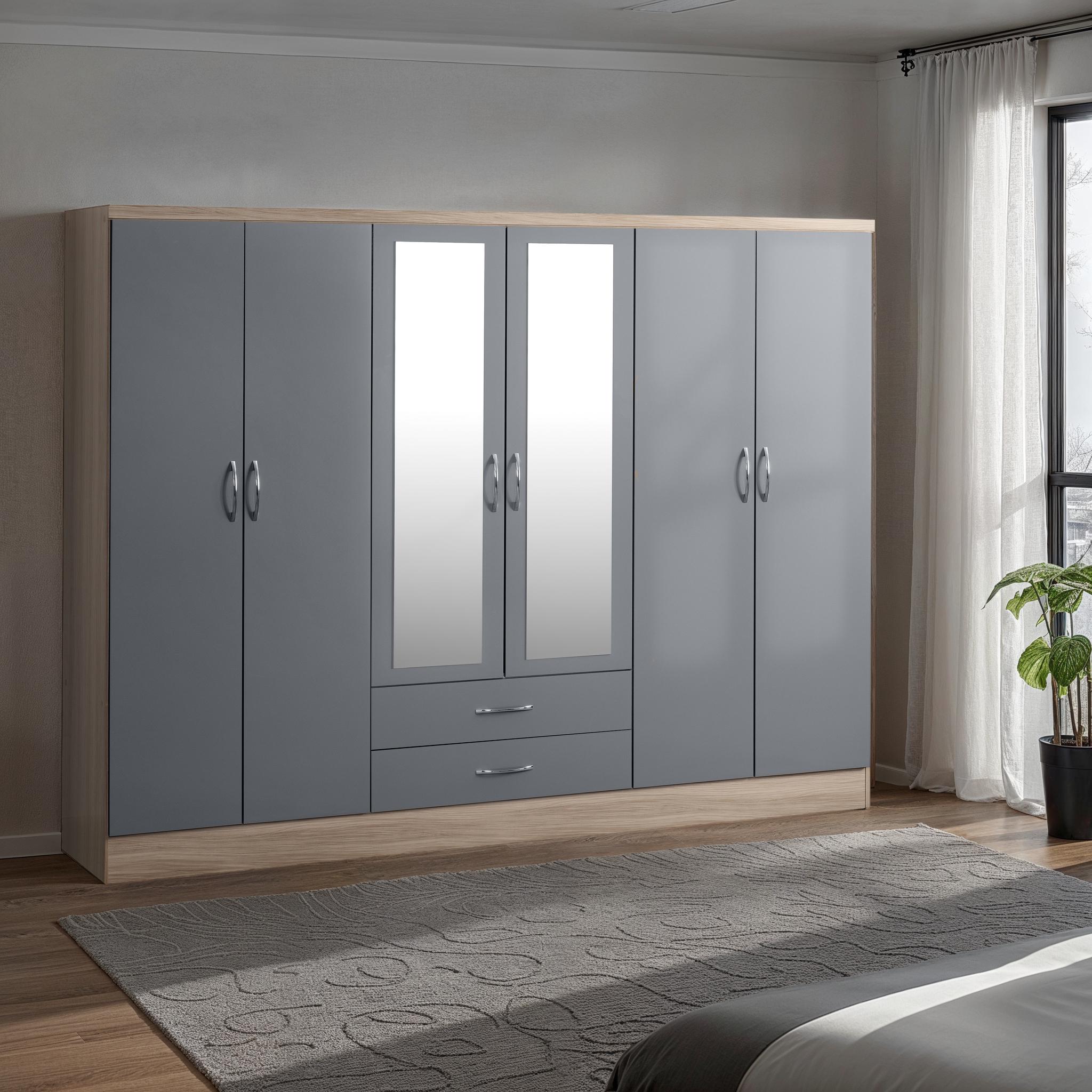 Nevada 6 Door 2 Drawer Mirrored Wardrobe Grey Gloss/Light Oak Effect Veneer