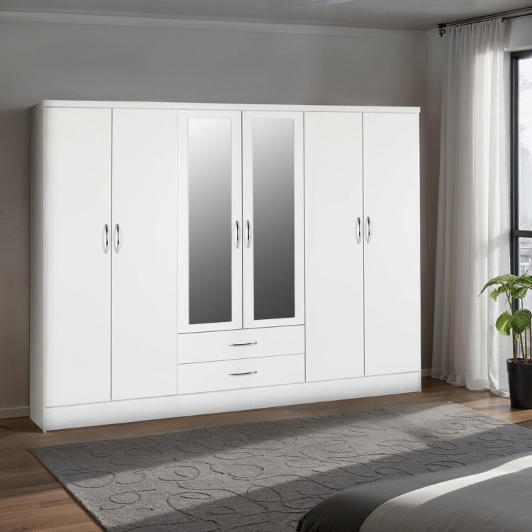 Nevada 6 Door 2 Drawer Mirrored Wardrobe White Gloss