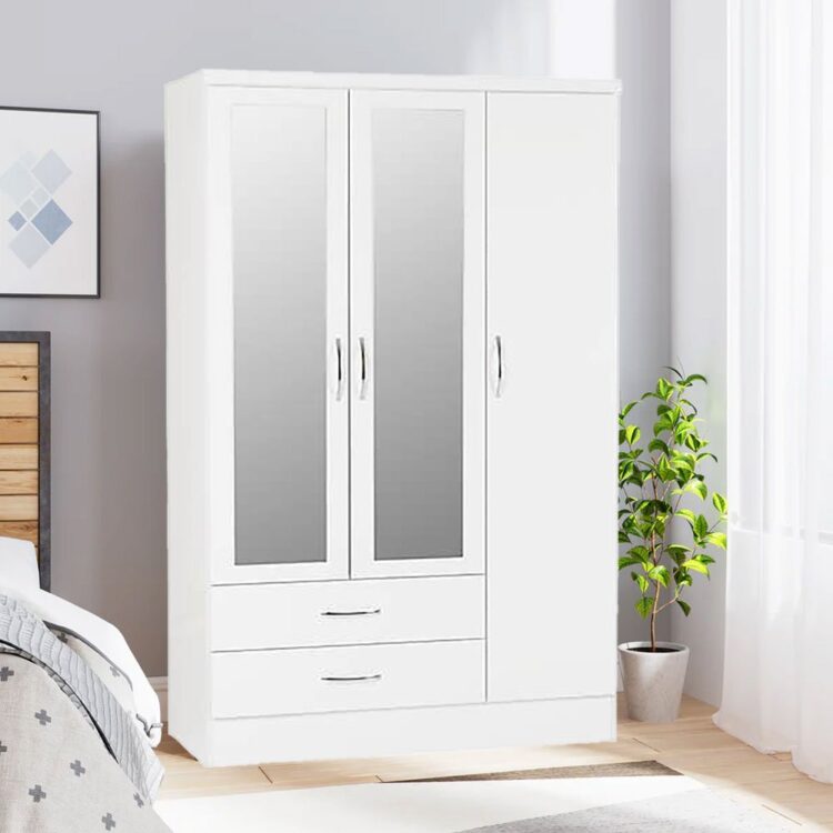 Nevada White High Gloss 3 Door 2 Drawer Mirrored Wardrobe