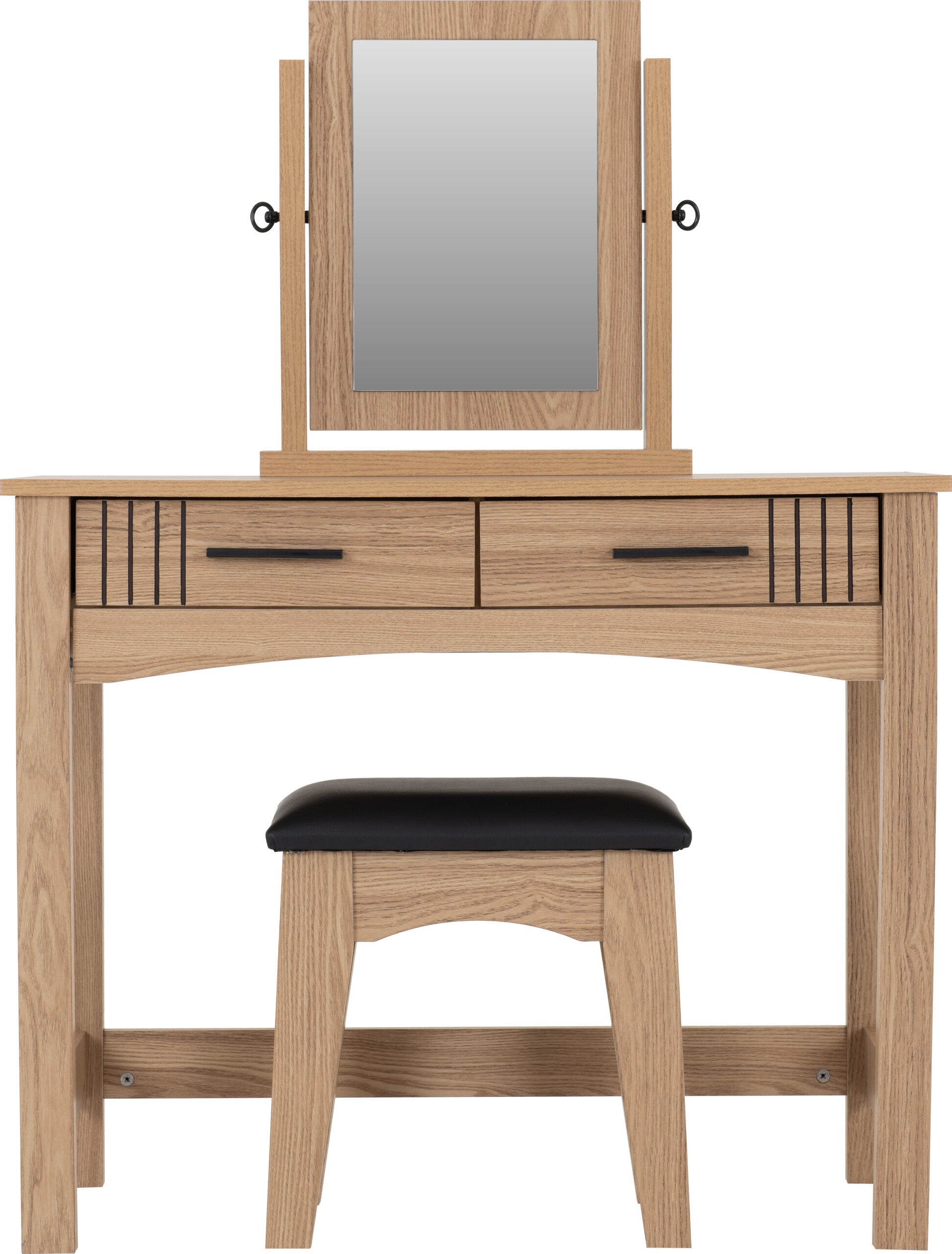 Tessa 2 Drawer Dressing Table Set Natural Oak Effect/Black Faux Leather - Image 2