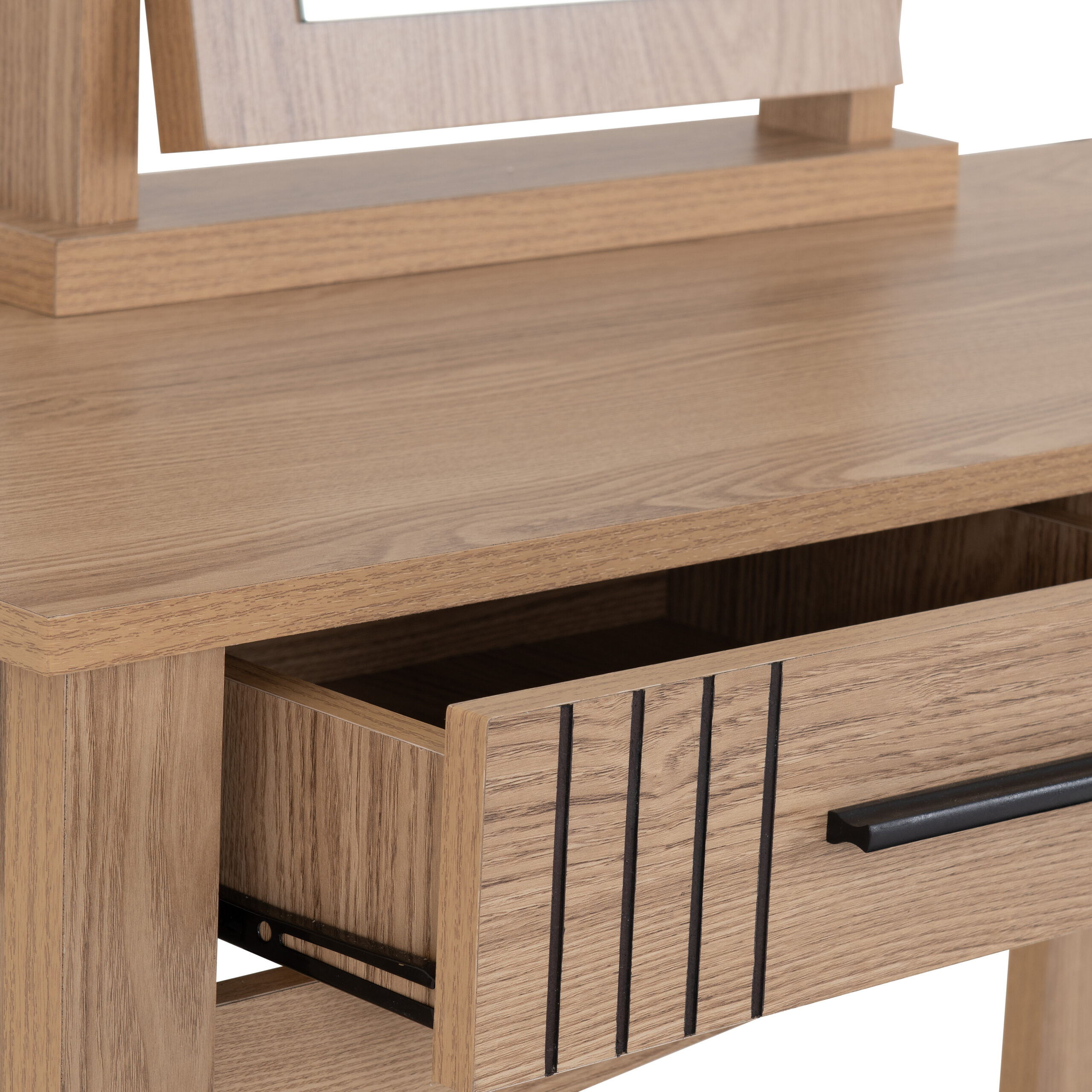 Tessa 2 Drawer Dressing Table Set Natural Oak Effect/Black Faux Leather - Image 3