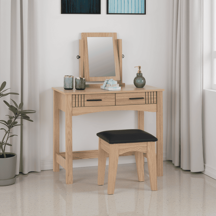 Tessa 2 Drawer Dressing Table Set Natural Oak Effect/Black Faux Leather