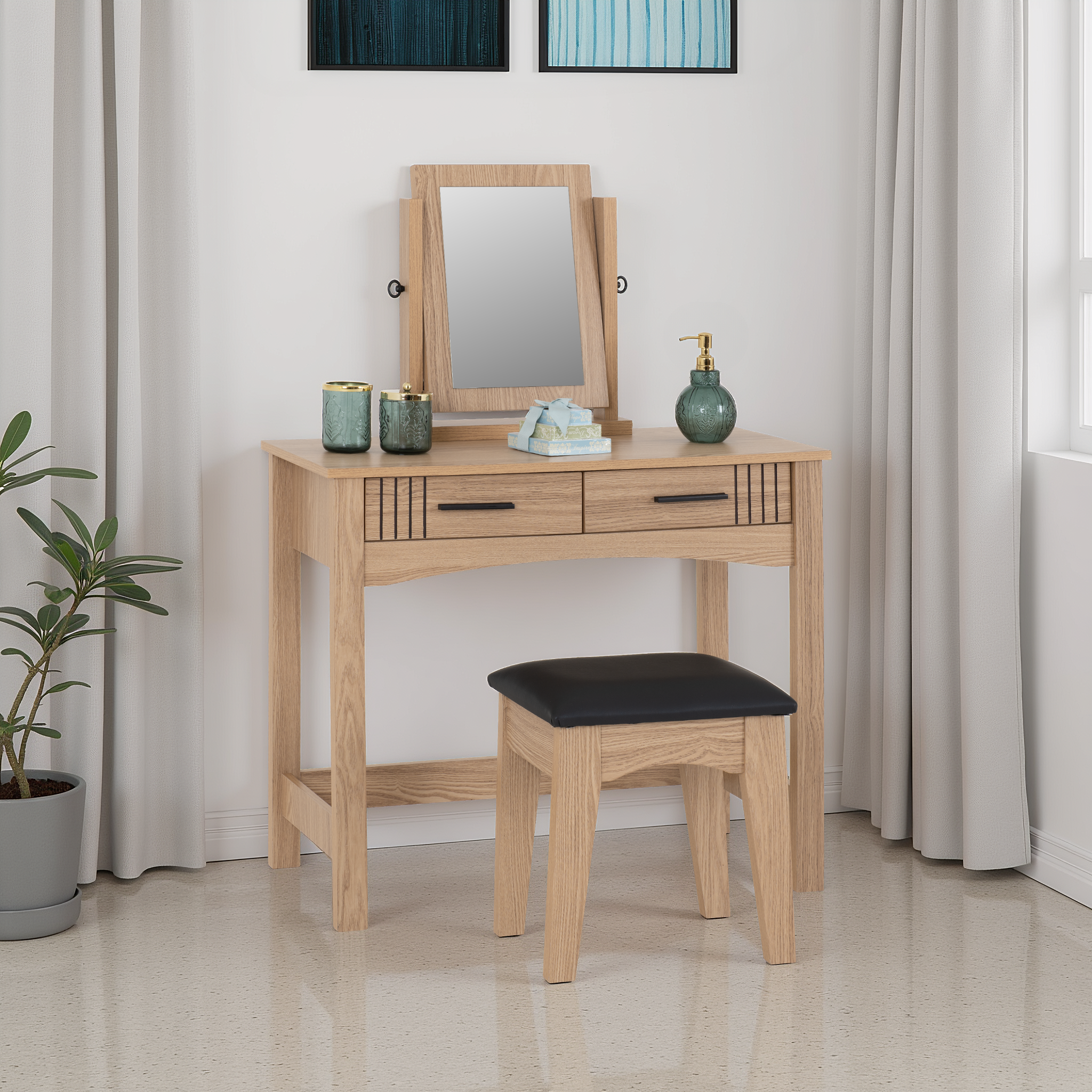 Tessa 2 Drawer Dressing Table Set Natural Oak Effect/Black Faux Leather