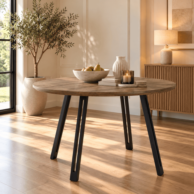 Quebec Round Dining Table Medium Oak Effect/Black