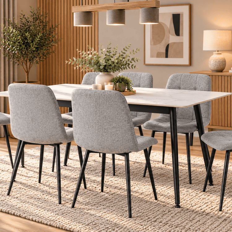 Fenton Dining Set (6 Chairs) White Marble Stone Effect / Light Grey Fabric
