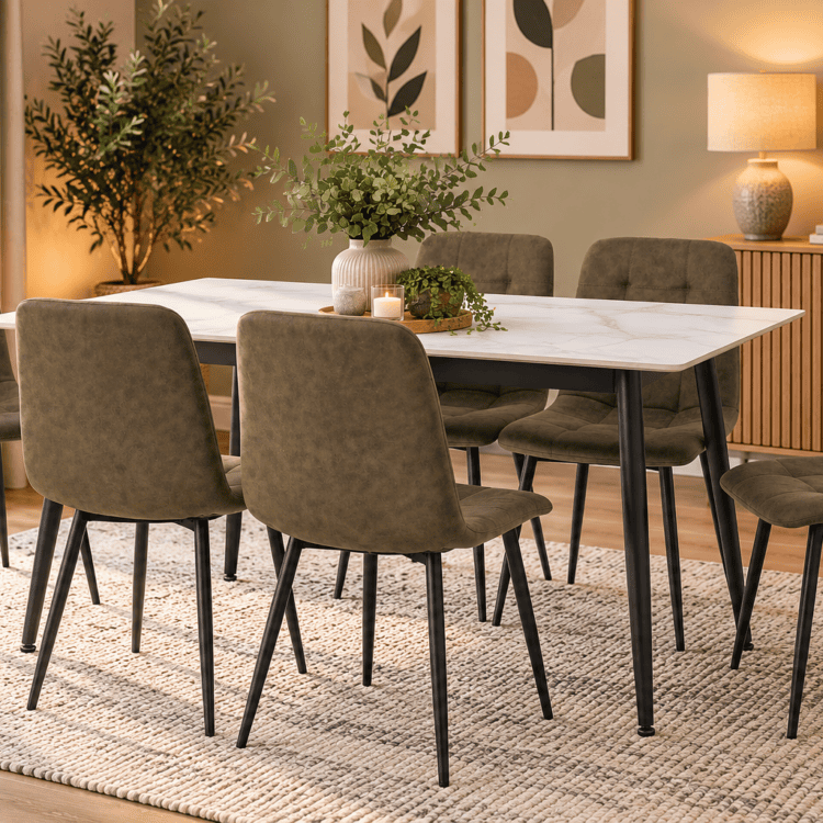Fenton Dining Set (6 Chairs) White Marble Stone Effect / Olive Green Suede Fabric
