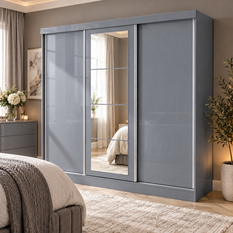 3 Door Sliding Wardrobe Grey Gloss