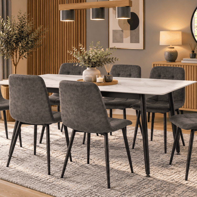 Fenton Dining Set (6 Chairs) White Marble Stone Effect/Dark Grey Suede Fabric