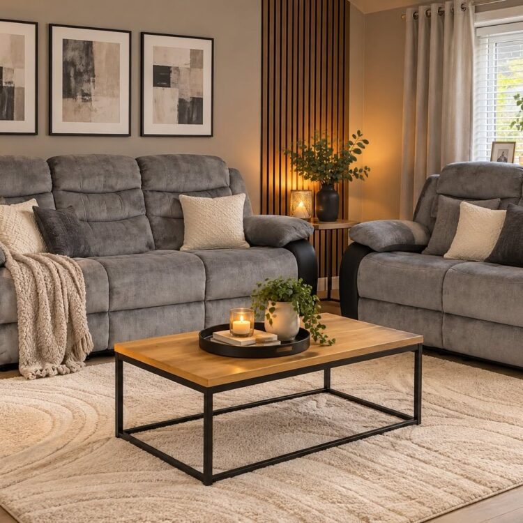 Roma 3+2 Recliner Suite Grey Cord Fabric/Black Faux Leather