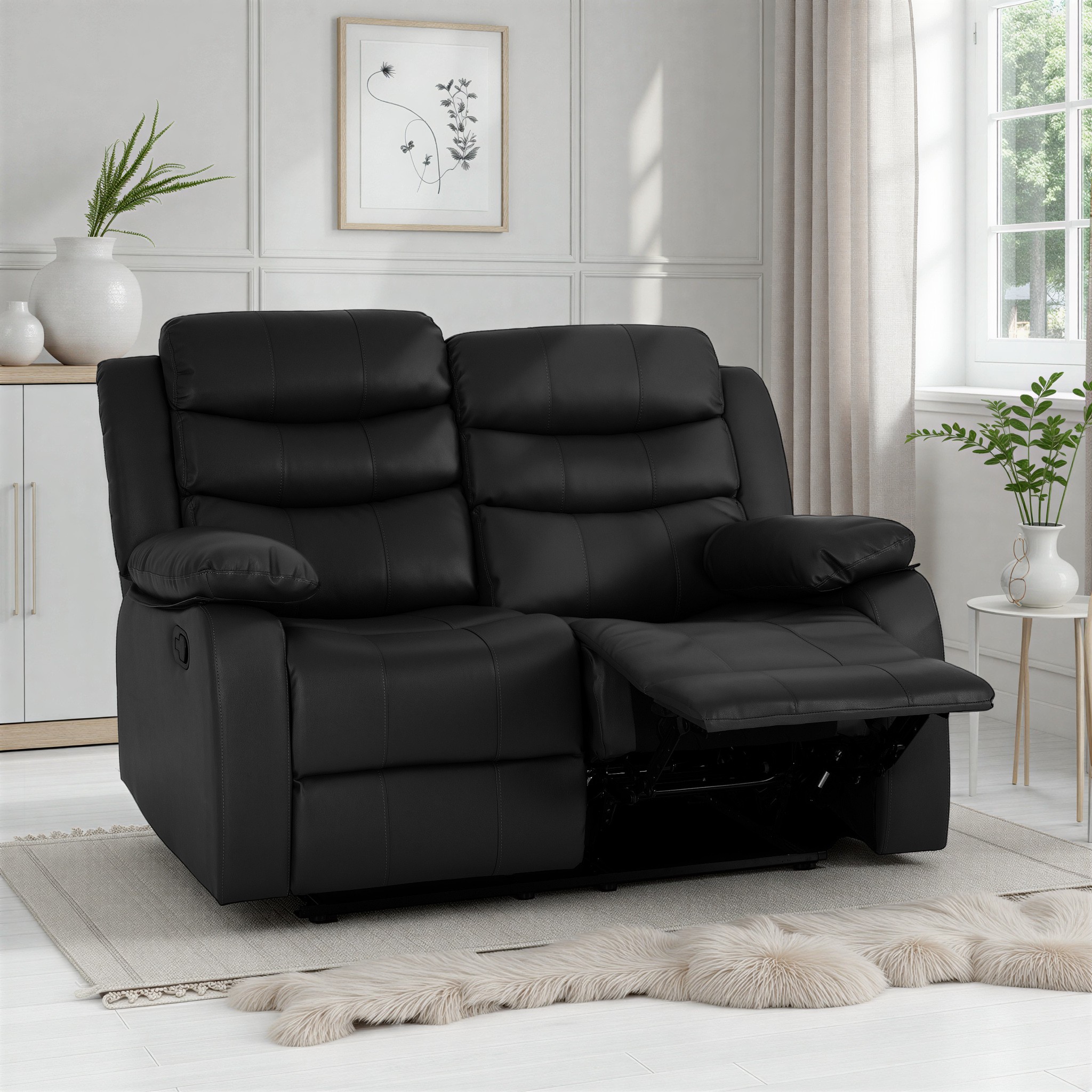 Roma 2 Seater Recliner Sofa Black Faux Leather
