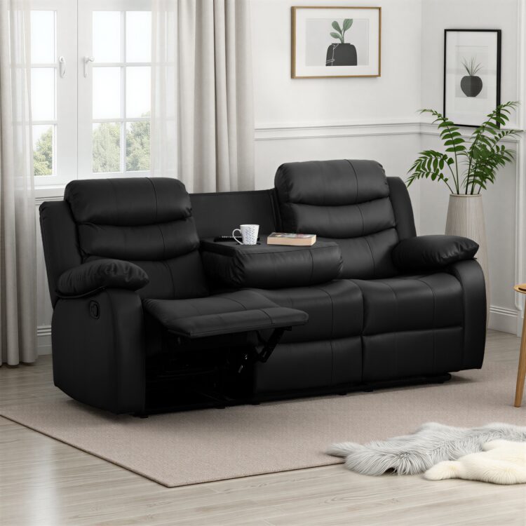 Roma 3 Seater Recliner Sofa Black Faux Leather