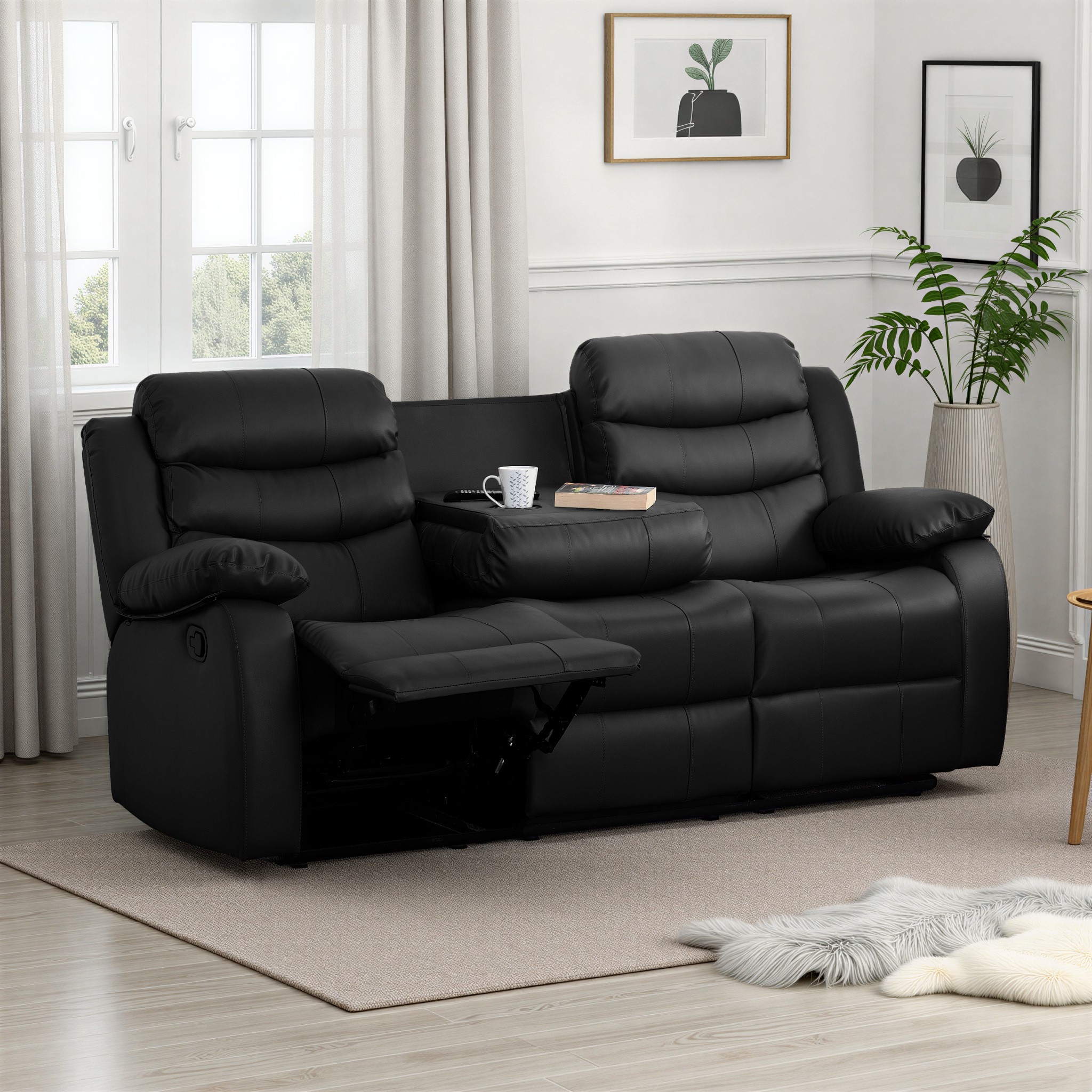 Roma 3 Seater Recliner Sofa Black Faux Leather