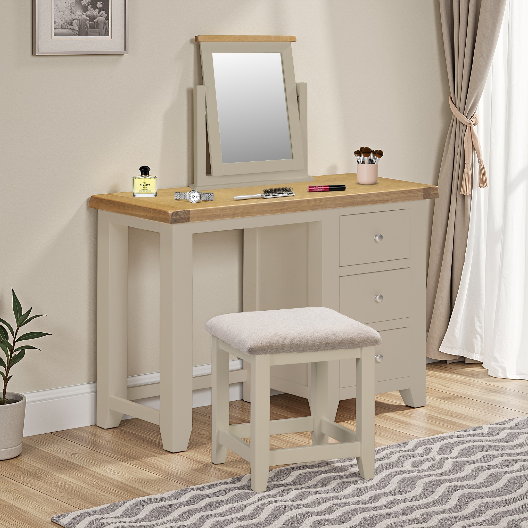 Windsor 3 Drawer Dressing Table Set Putty/Oak/Oat Fabric