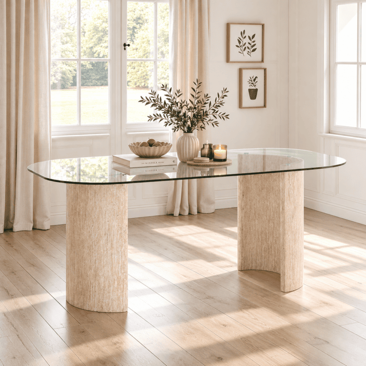 Modena Dining Table Clear Glass/Cream Marble Effect